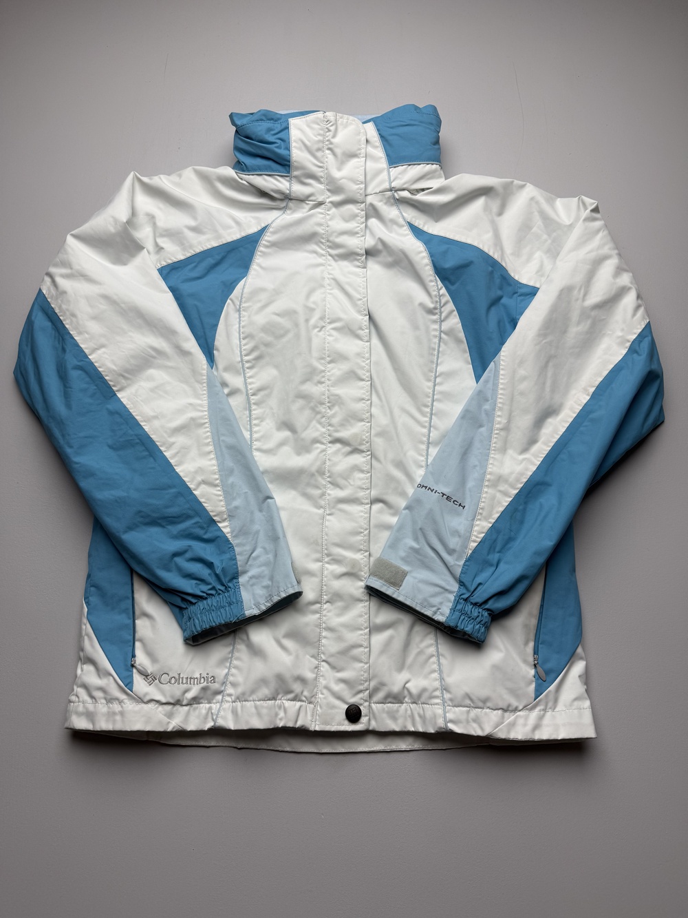 Columbia Ski Jacket Youth 14/16 White Blue Omni-Tech Waterproof Insulated Winter